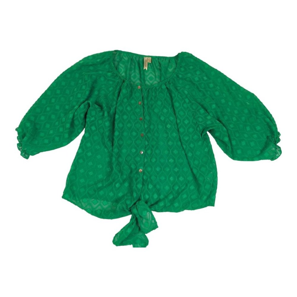 Chenault Tie-Front Button-Down Blouse Top Green Semi-Sheer  Size M‎